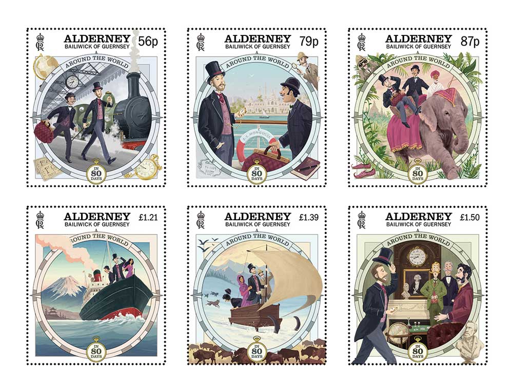 Stamps depict scenes from Around the World in 80 days to mark the book's 150th Anniversary
